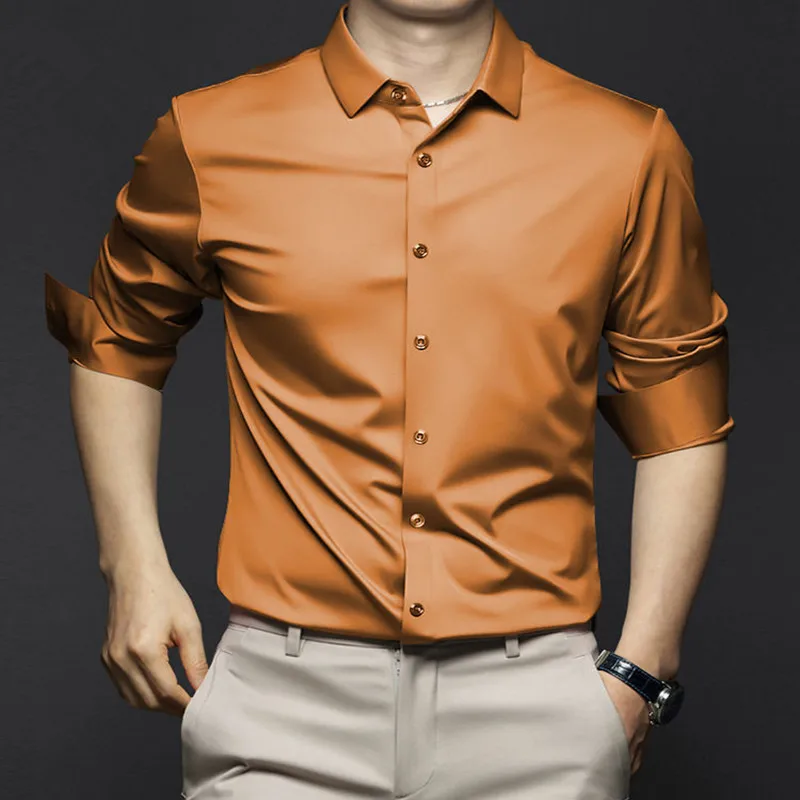 Camicia a maniche lunghe da uomo di alta qualità Lussuosa pelle popeline di seta ghiacciata resistente alle rughe Non stiratura tinta unita business casual 6XL