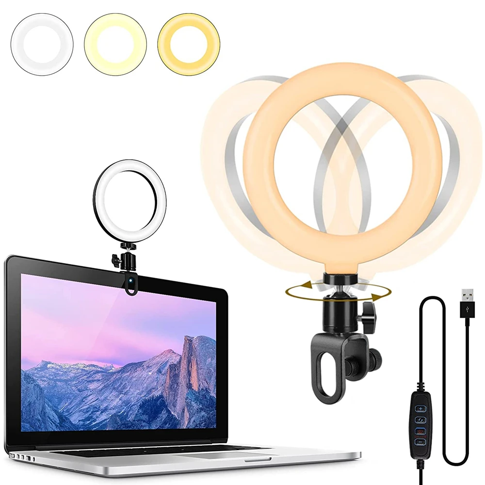Lâmpada LED Ring Light com clipe para laptop, para videoconferência, webcam, chat, transmissão ao vivo, Youtube