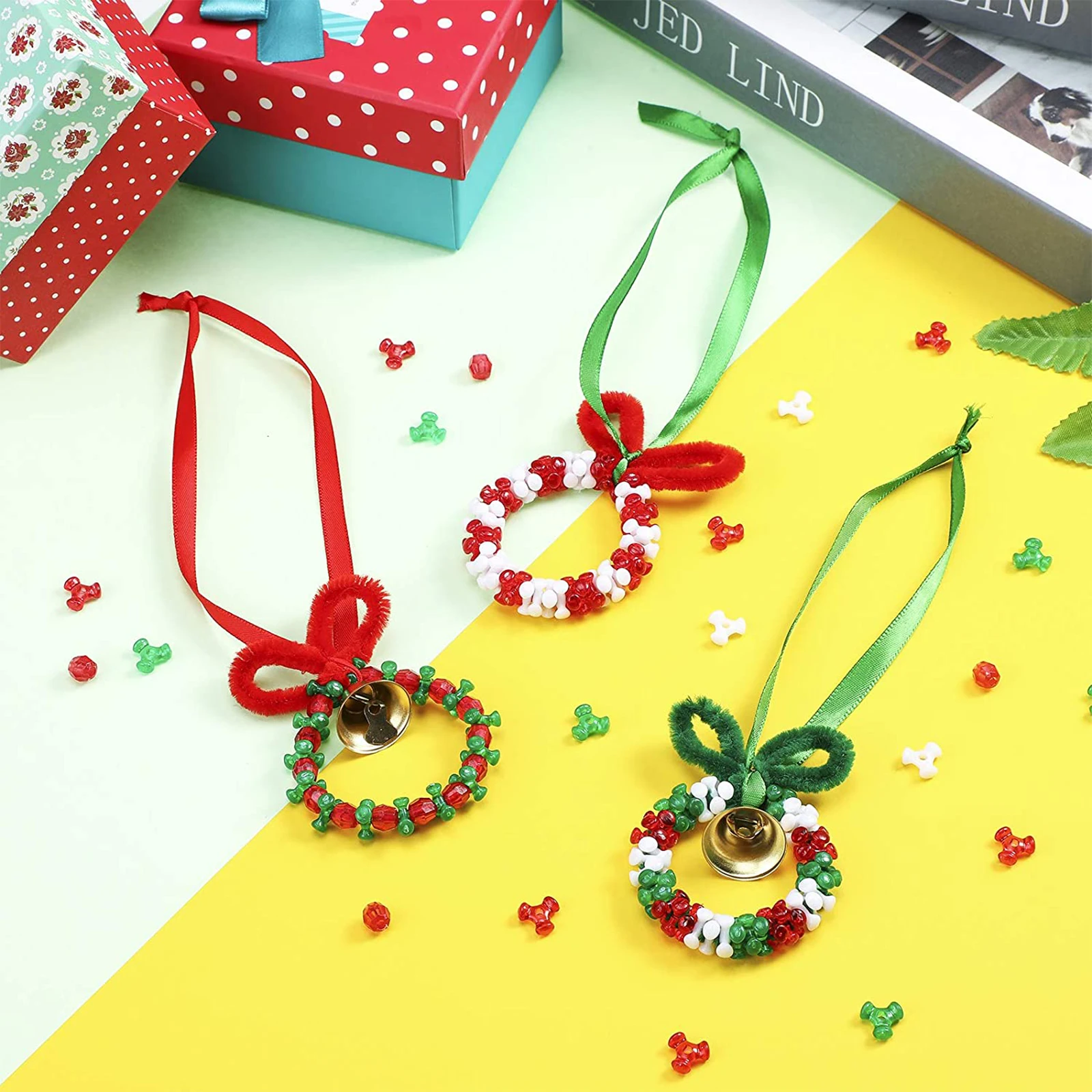 

1Set Holiday Beaded Ornaments Kit Plastic Colored Beads Bells Twisted Sticks Xmas DIY Crafts Christmas Beaded Ornaments