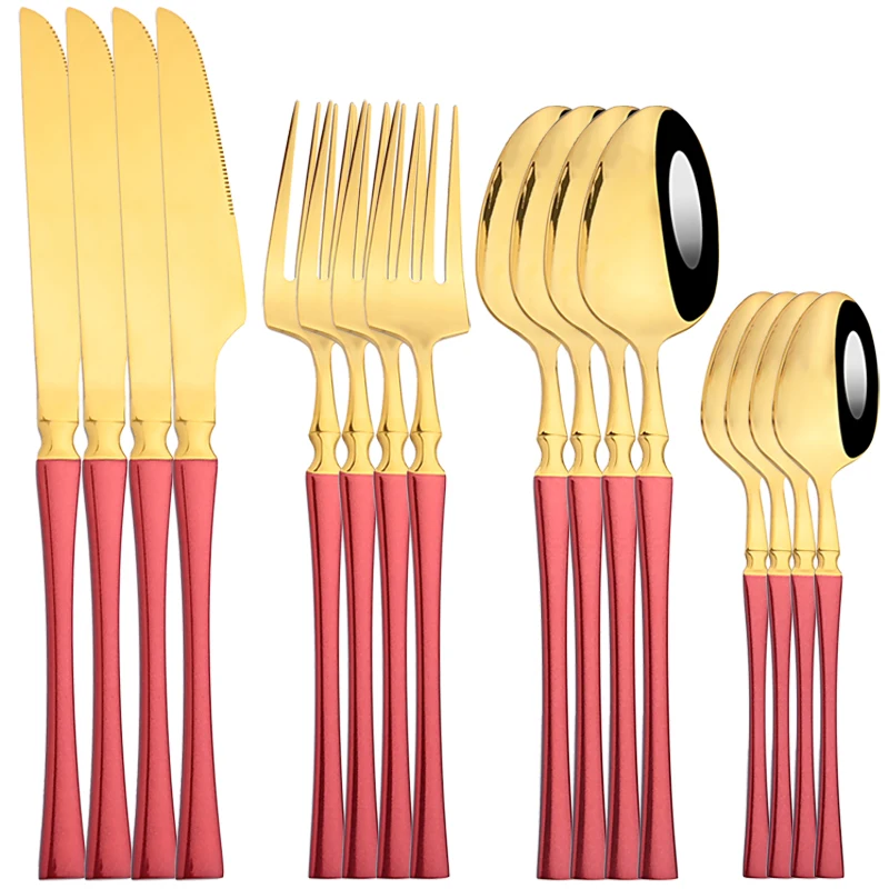 

16pcs Red Gold Dinnerware Set Cutlery Set Stainless Steel Knife Fork Spoon Flatware Luxury Tableware Mirror Kitchen Accessories