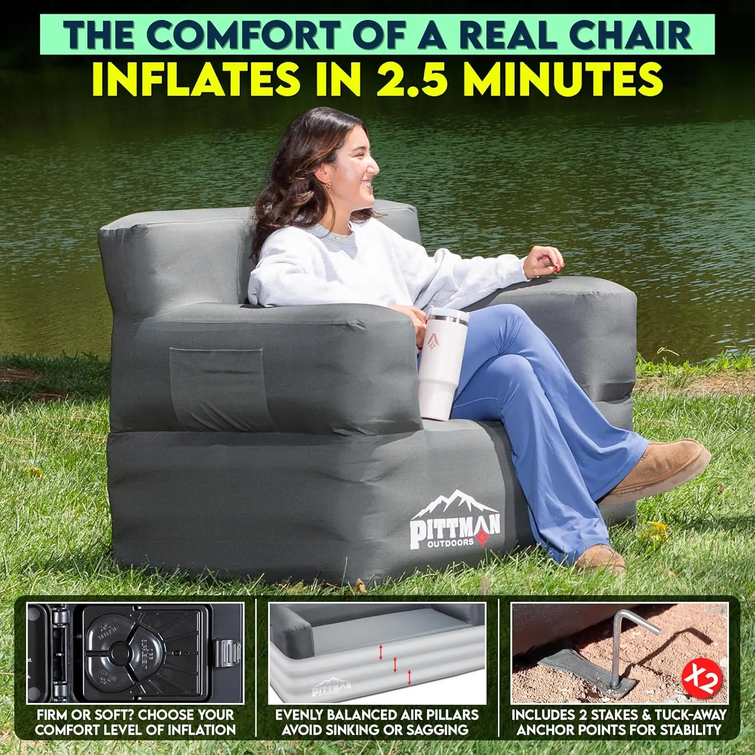 

Pittman - Inflatable Chair for Camping with Built in Pump - Portable Inflatable Couch for Adults Holds 350lb's - Blow Up Chair f