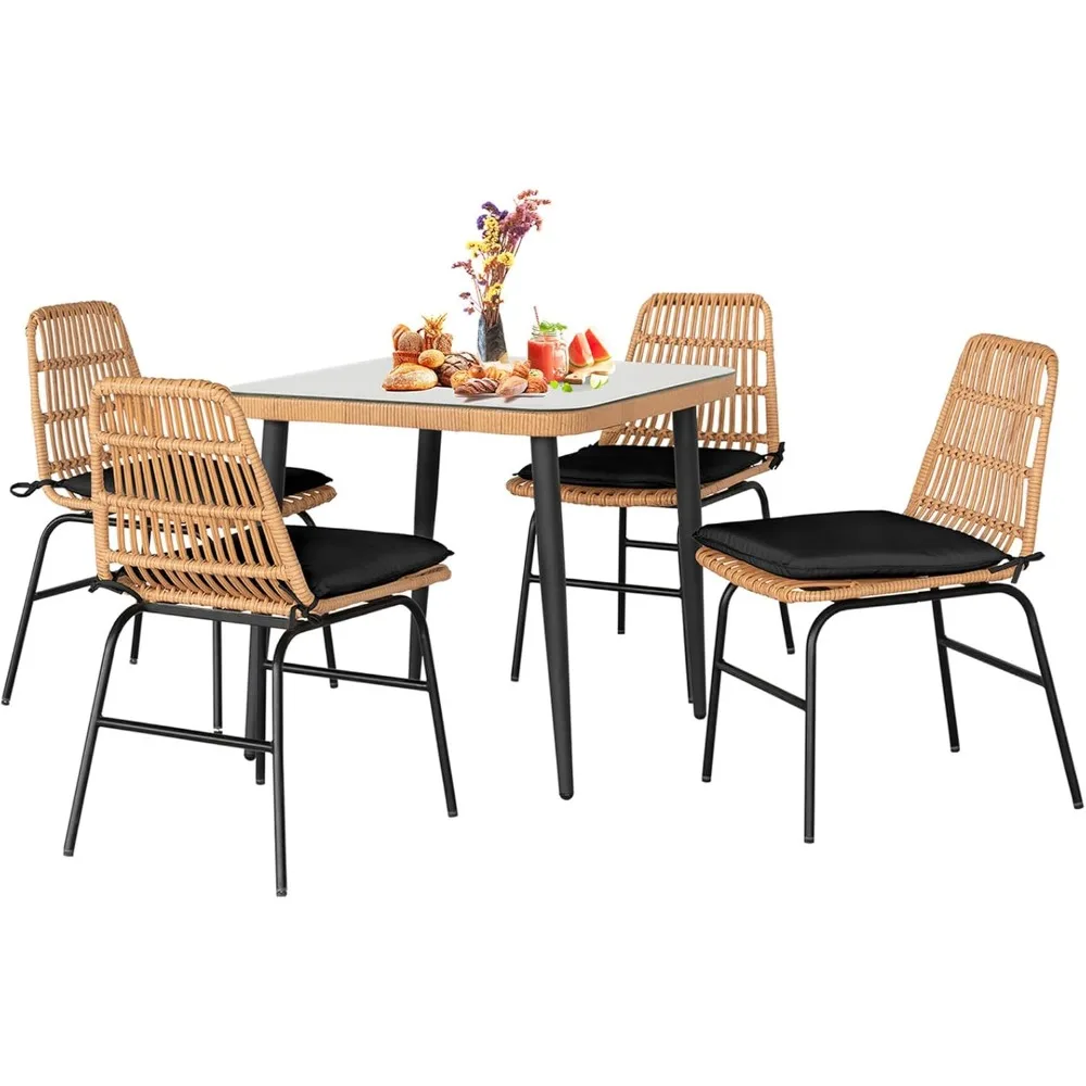

5 Piece Outdoor Patio Dining Set, Rattan Dining Chairs with Tempered Glass Table, Patio Conversation Sets