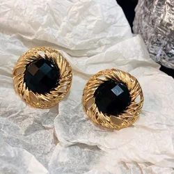 925 Silver Needle Modern Jewelry Vintage Black Earring Popular Gold Color Exaggerated Round Earrings For Women Party Gifts