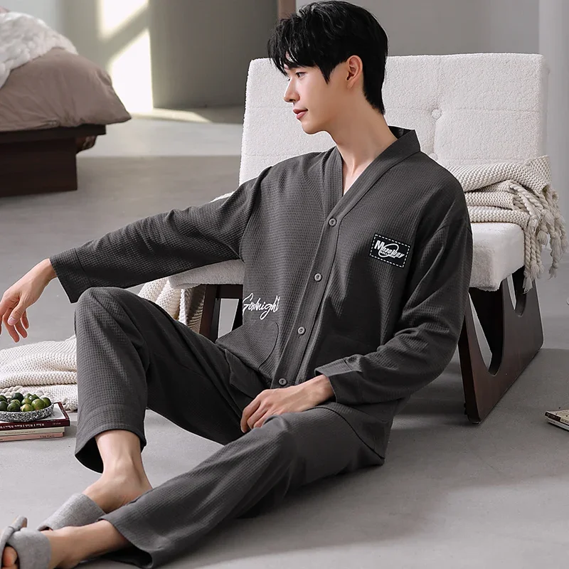 Waffle Pajamas Men's Spring and Autumn 2025 Bew long sleeve Cardigan set boys teen plus 5XL size Kimono Cotton lounge set Hombre