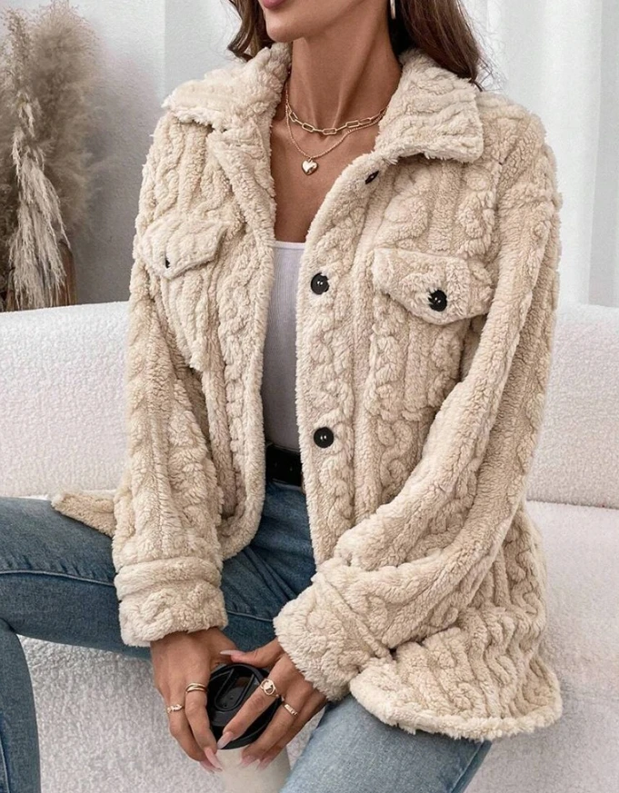 

Elegant Cable Textured Button Down Teddy Coat 2025 Autumn Winter Spring New Fashion Casual Female Clothing