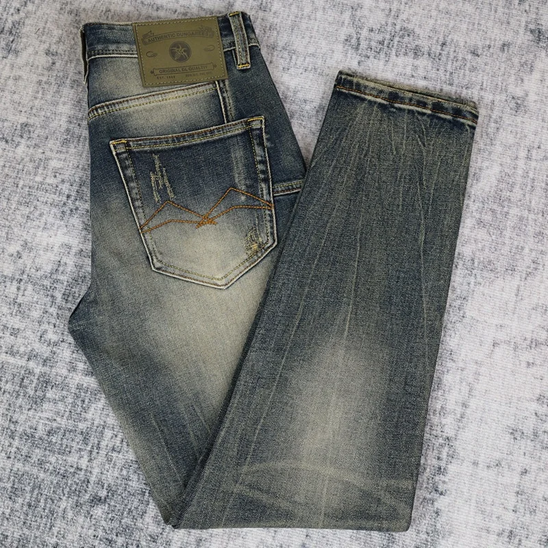 

Spring Summer Washed Ripped Destroyed Denim Jeans for Men Slim Slightly Tapered Leg Trendy Rebellious Style Patch Distressed