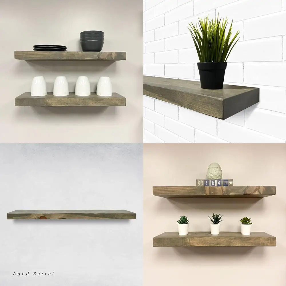 مجموعة أرفف عائمة ريفية شديدة التحمل من الخشب الصلب مكونة من قطعتين مع دعامات مخفية، مثبتة على الحائط، رمادي، بعرض 12 بوصة × 6 بوصة،