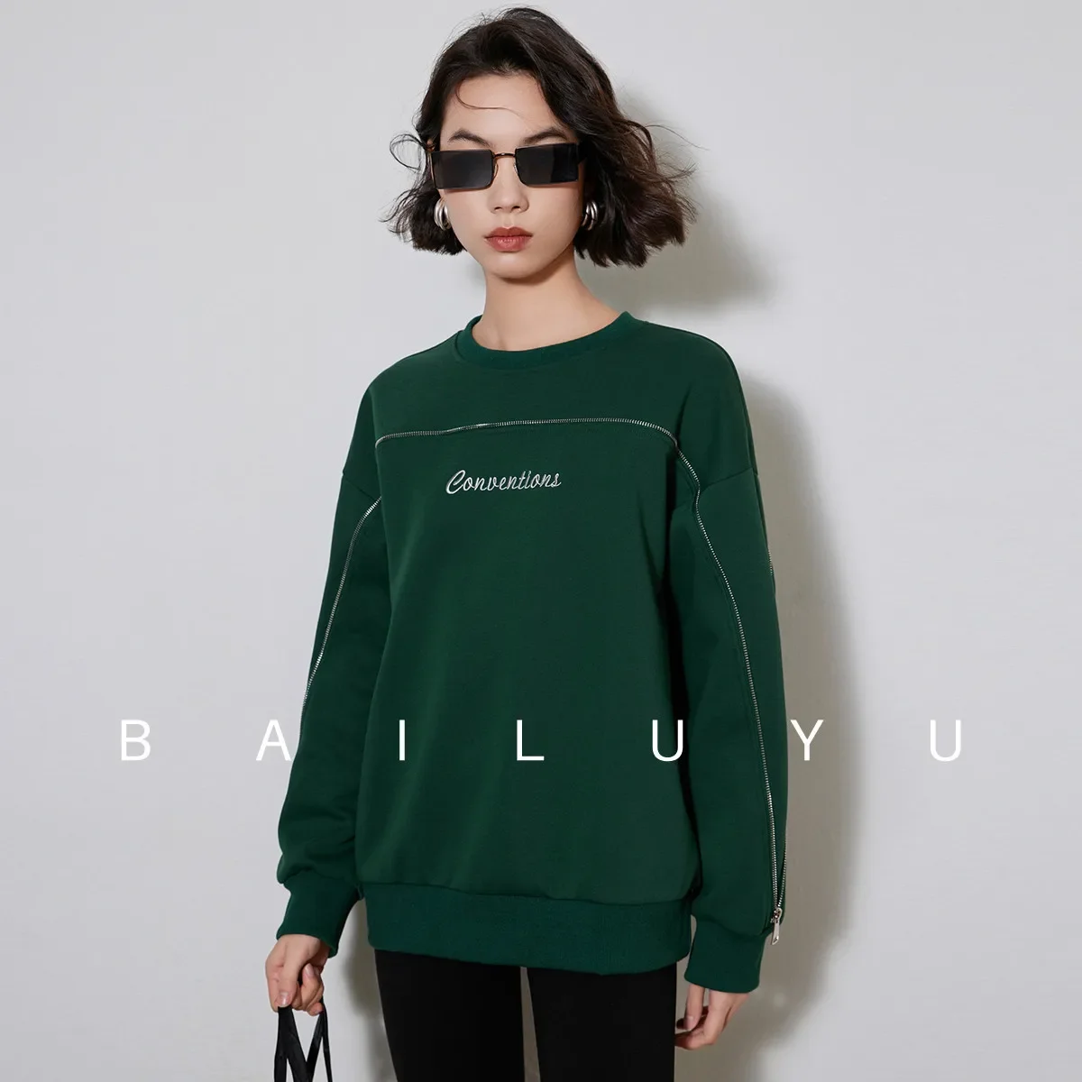 LOUIS YAO Women Pullover Sweatshirt 2024 Spring New Round Neck Long Sleeve Embroider Fashionable Loose Fit Casual Tops