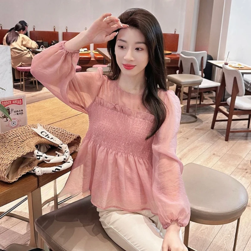 Shirts & Blouses for Women Chiffon Round Neck Woman Top with Puffy Sleeves Cool Elegant Social Clothing Trend 2024 Korean Style