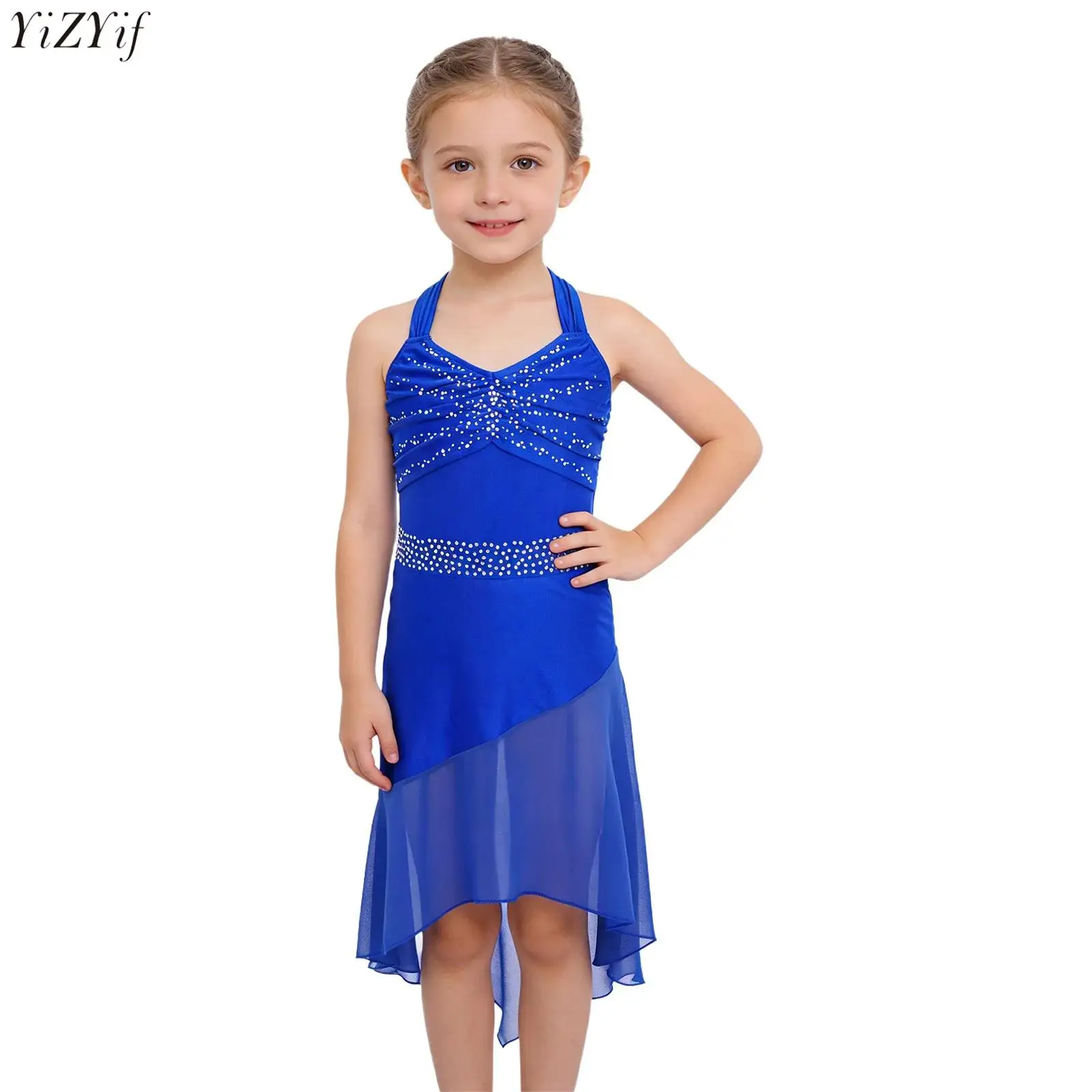 

Kids Girls Latin Dance Dress Sleeveless Cross Back Rhinestones Ruched Bodice High-Low Hem Chiffon Dress Figure Skating Dress