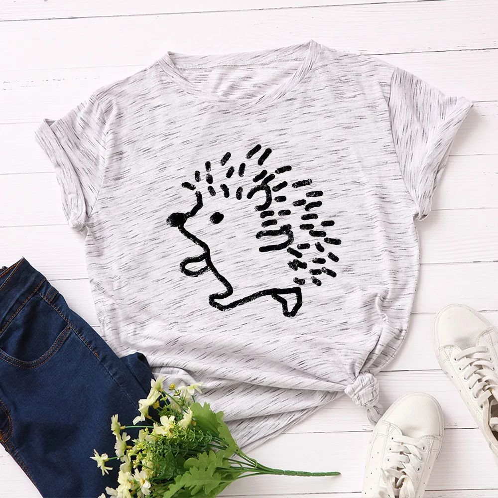 ピュアコットン女性のルーズラウンドネック半袖 Tシャツかわいいハリネズミプリントストリートスタイルカジュアル夏のファッショントップ
