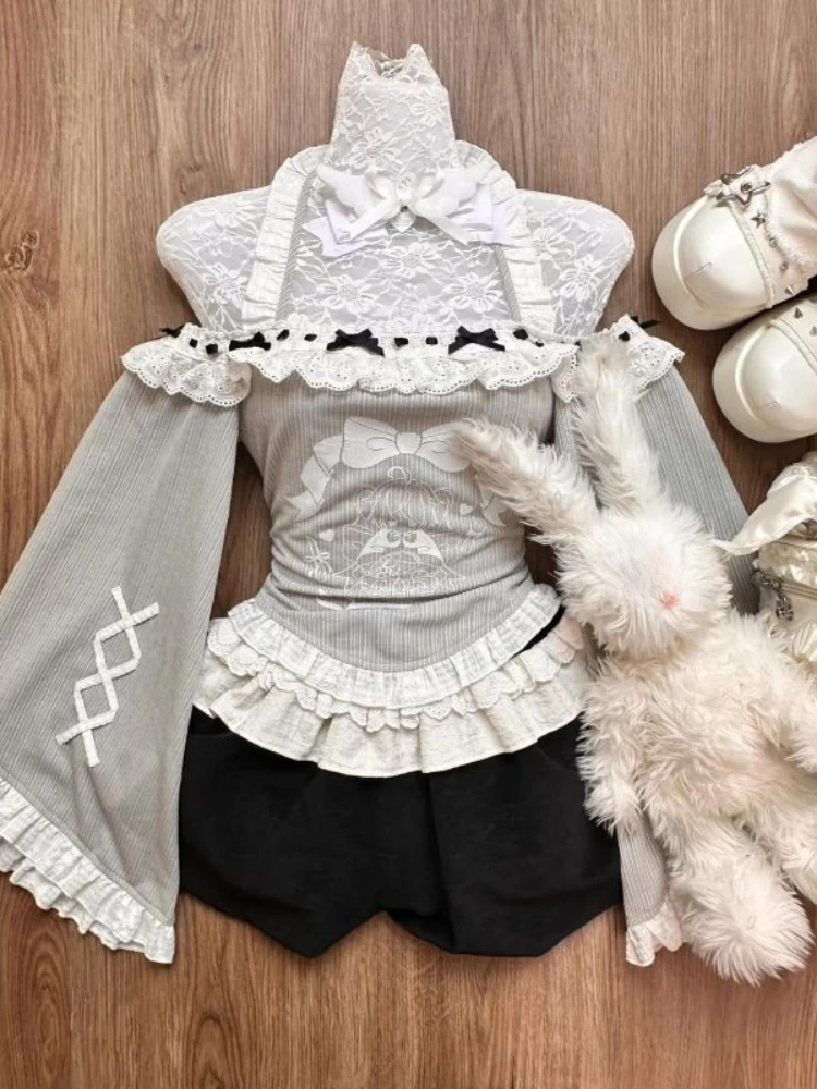 Japanese Sweet Y2k Vintage Suits Women Grey Retro Tops + Pumpkin Pants Female Kawaii Two Piece Sets Causal Chic Winter New 2024