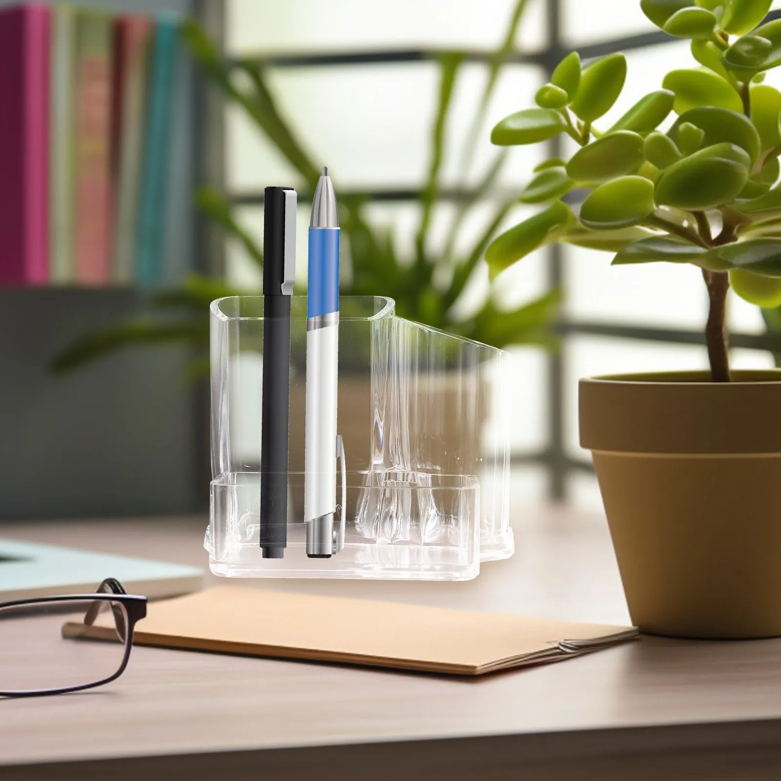

Acrylic Clear Pen Cup Pencil Holder Desktop Pen Organizer Makeup Brush Holder Compartment Stationery Storage Container