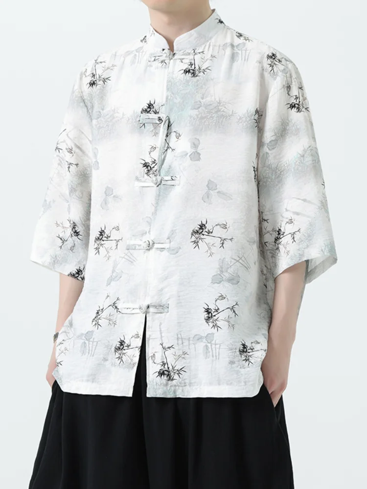 

Ice Silk ort Sve irt Men's Summer Thin Five Sve Top New Chinese Tang Costume Improved Hanfu Printed Youth Faion