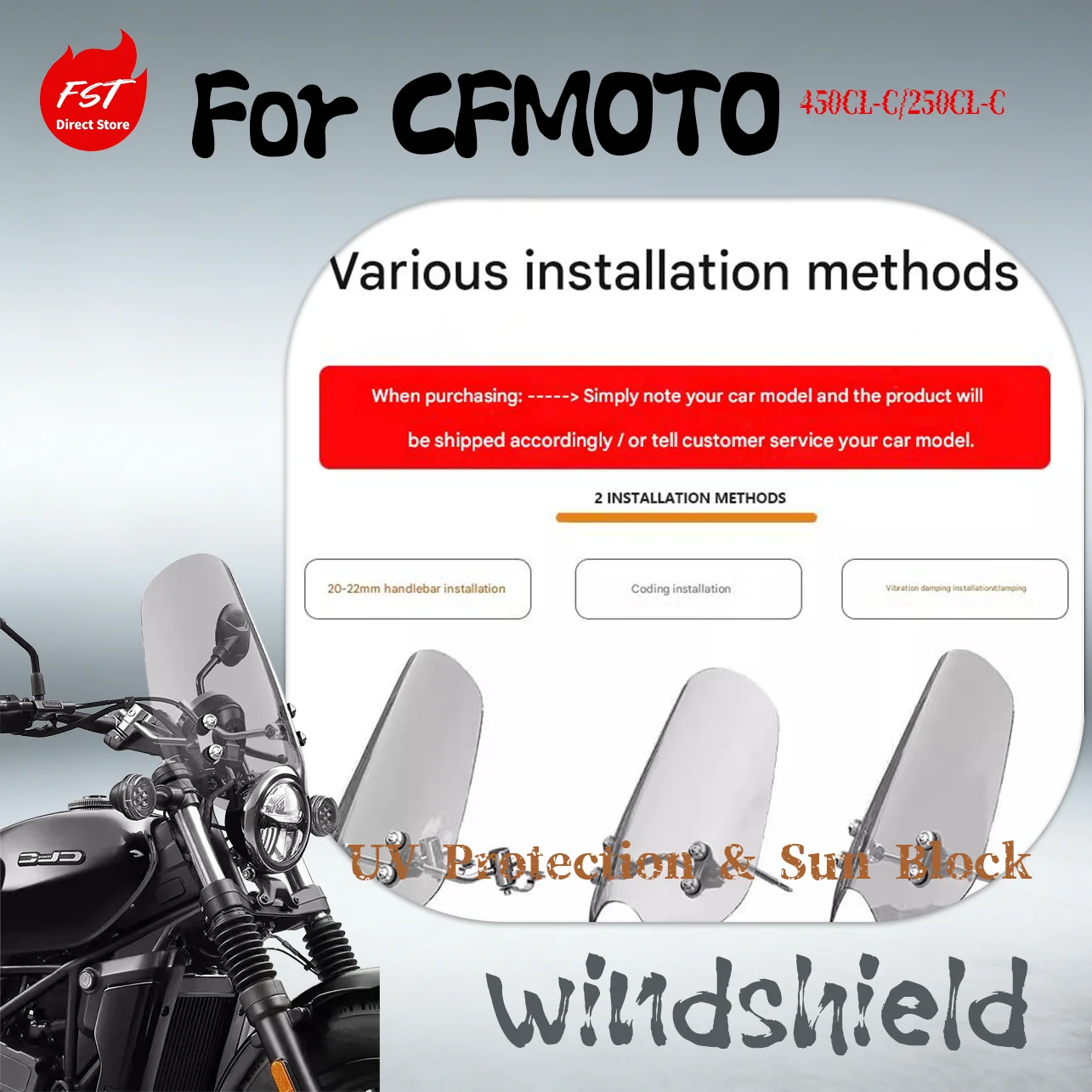 

Premium Windshield for CFMOTO 250CL-C 450CL-C, Durable Anti-Shock Motorcycle Accessory