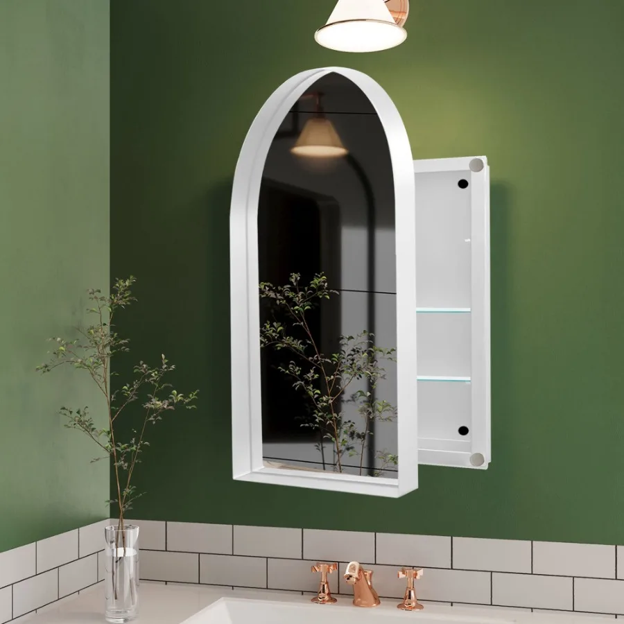 

24x36 Inch Arched Recessed Medicine Cabinet Metal Framed Bathroom Wall Cabinet with Mirror and Adjustable Shelves Wall Mirror w