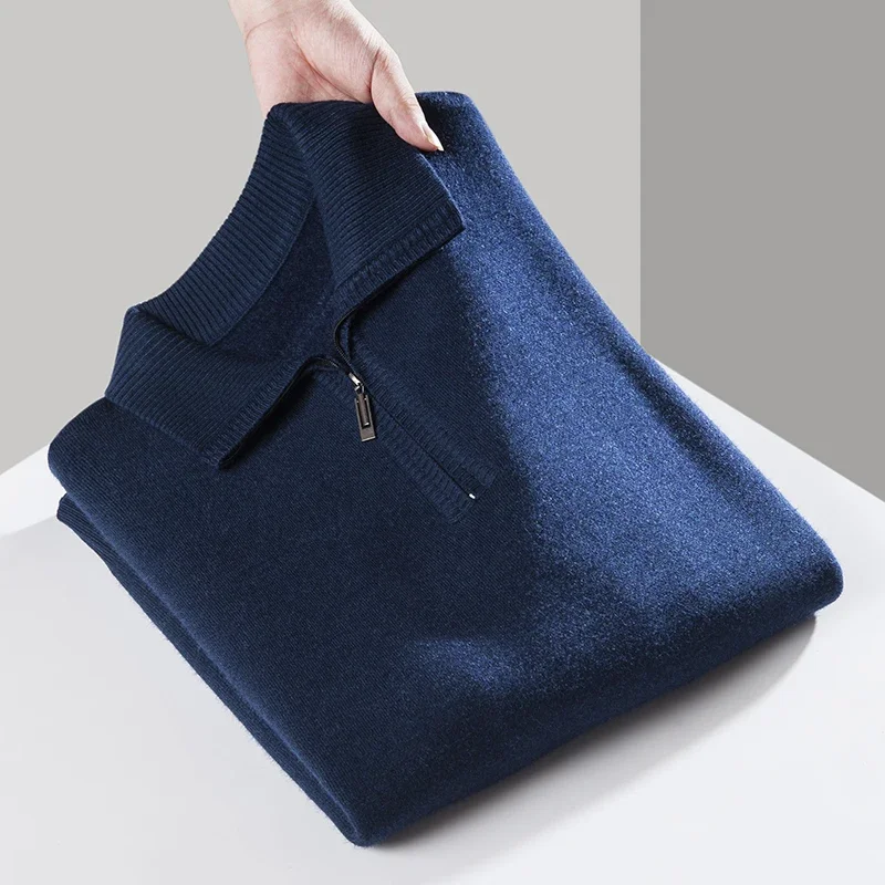 Minglu Half Zipper Knitted Men's Sweaters Luxury Spring Autumn Solid Color Long Sleeve Turn Down Collar Thicken Male Pullovers