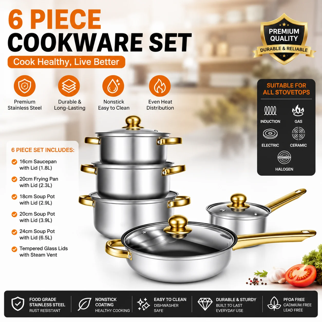 Set di 6 pentole e padelle in acciaio inossidabile, con rivestimento antiaderente, ideale per cucinare in casa, in ristorante o in cucina professionale. Set di pentole e padelle per cottura a