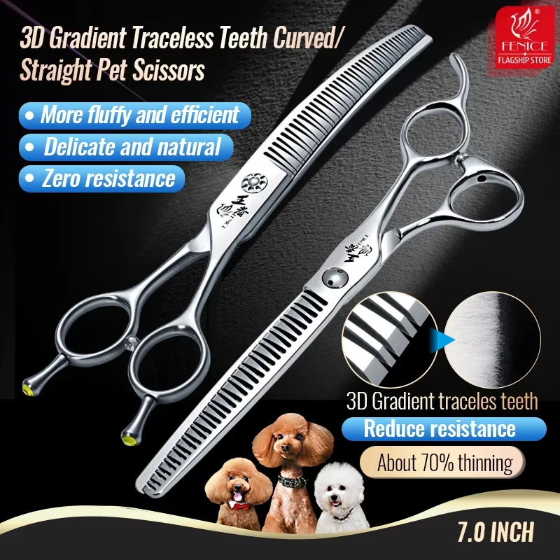

Fenice 7Inch VG10 Steel 3D Gradient Traceless Dog Grooming Straight Curved Chunker Scissors Bearing Screws Pet Scissors 70%