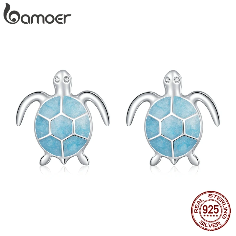 Bamoer 925 Sterling Silver Cute Mini Sea Turtle Stud Earrings Purple Zircon Animal Sea Ear Stud for Women Exquisite Jewelry Gift