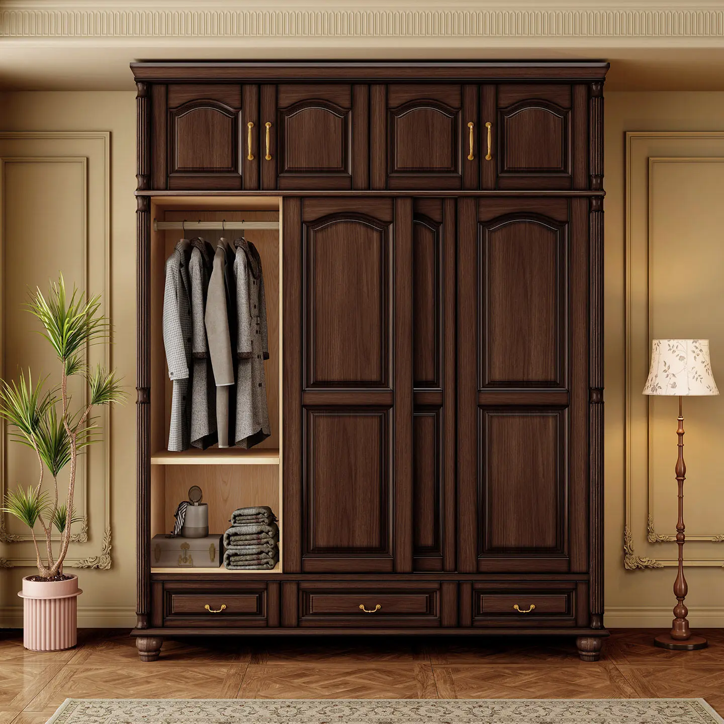 Solid wood wardrobe sliding door locker size household bedroom sliding door cabinet retro wind door wardrobe