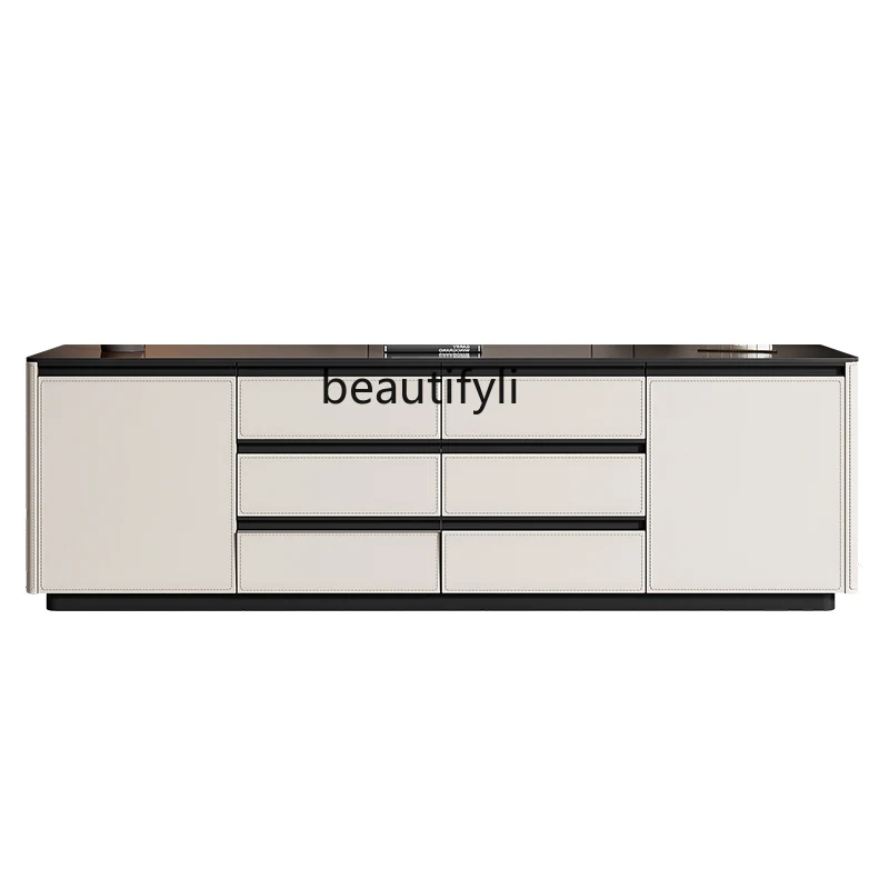 Saddle leather high TV cabinet living room wall storage floor cabinet bedroom solid wood storage cabinet