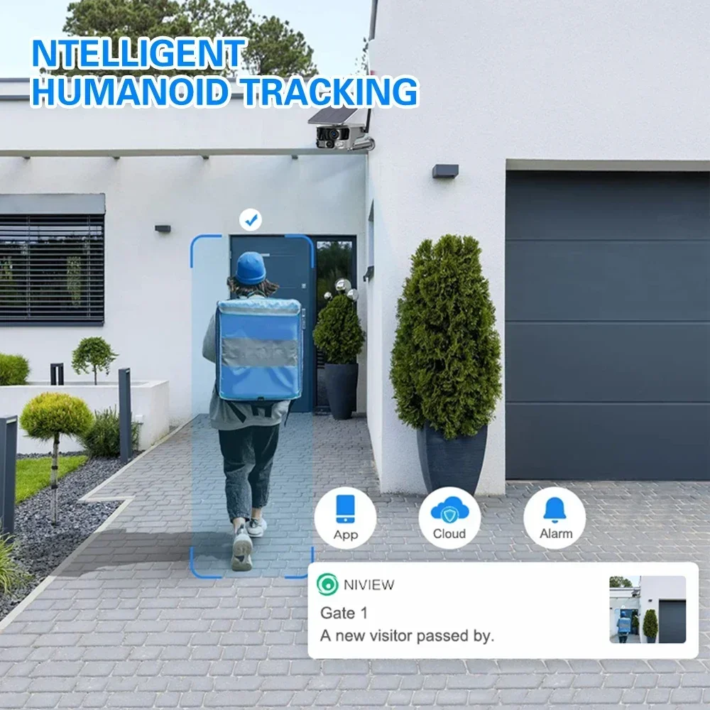 كاميرا 4K 8MP تعمل بالطاقة الشمسية بعدسة مزدوجة 4G كاميرا WIFI خارجية 180 °   كاميرا مراقبة للكشف عن الإنسان PIR ذات رؤية واسعة جدًا، كاميرا صوتية ثنائية الاتجاه