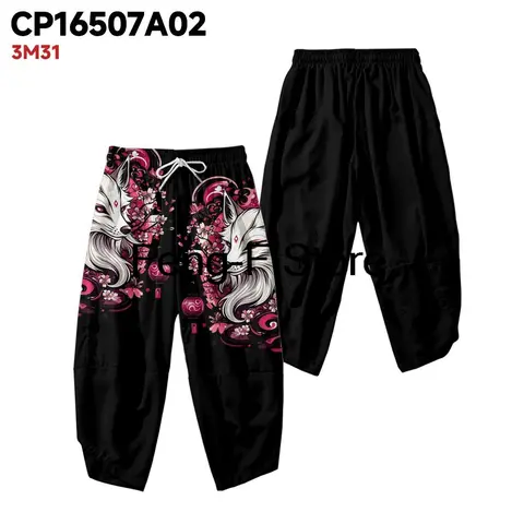 Chinese Fox Printed Black Men Japanese Harem Trousers Casual Elastic Waist Kimono Cropped Pants Streetwear