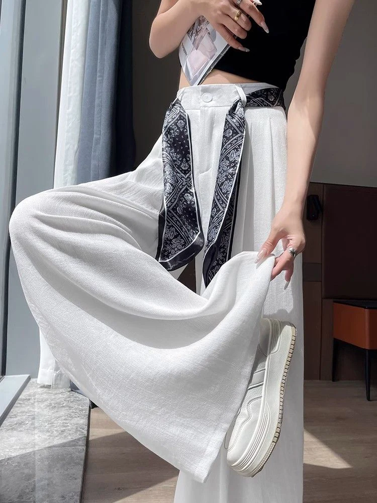 

High Waist Wide Leg Pants Women's Summer Sensation Silk Scarf Draping Suit Pants Linen Cotton Samurai Pants Commute Style