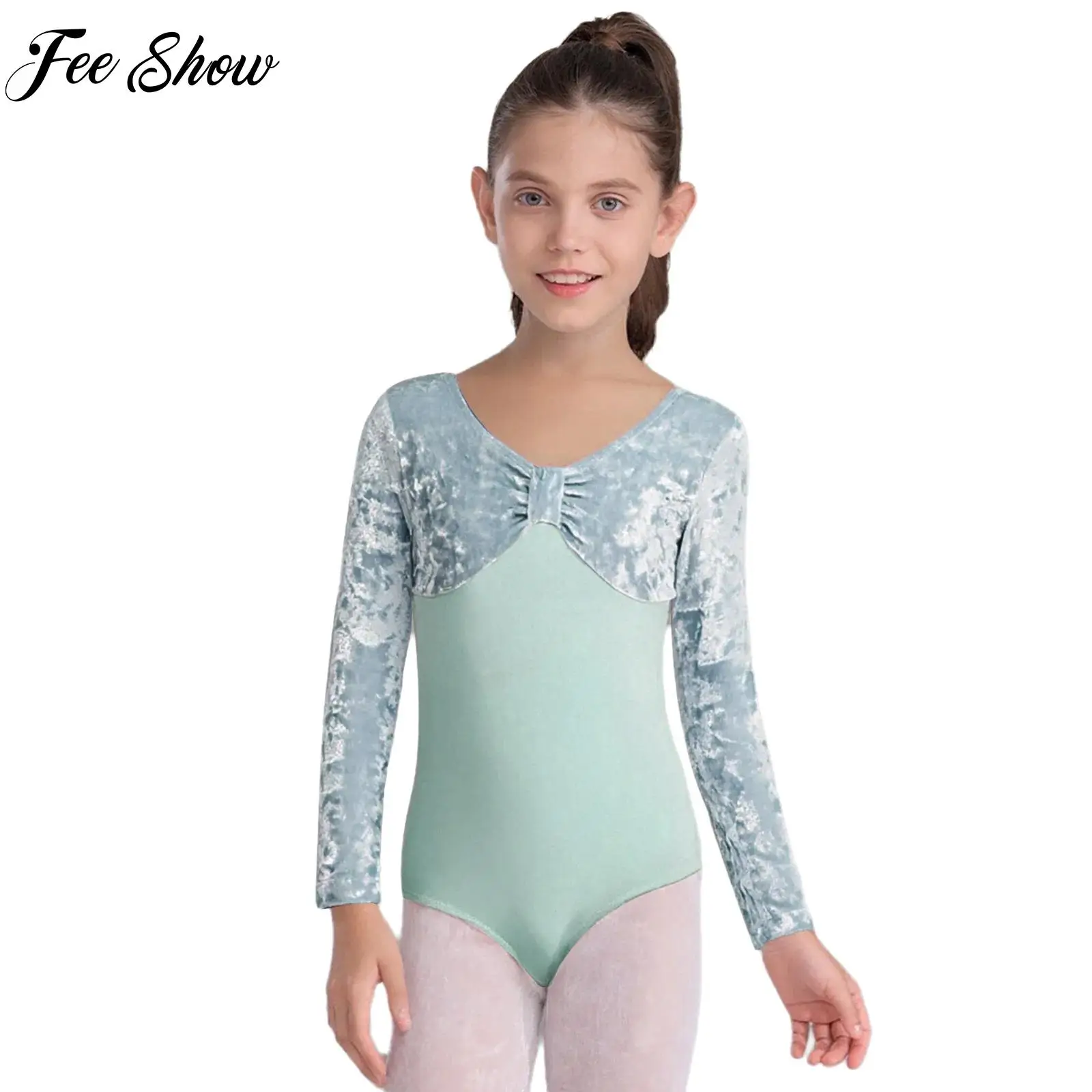 

Kids Girls Long Sleeve Ballet Leotards Dance Costumes Front Knot Velvet Bodysuit Figure Skating Gymnastics Training Dance Wear