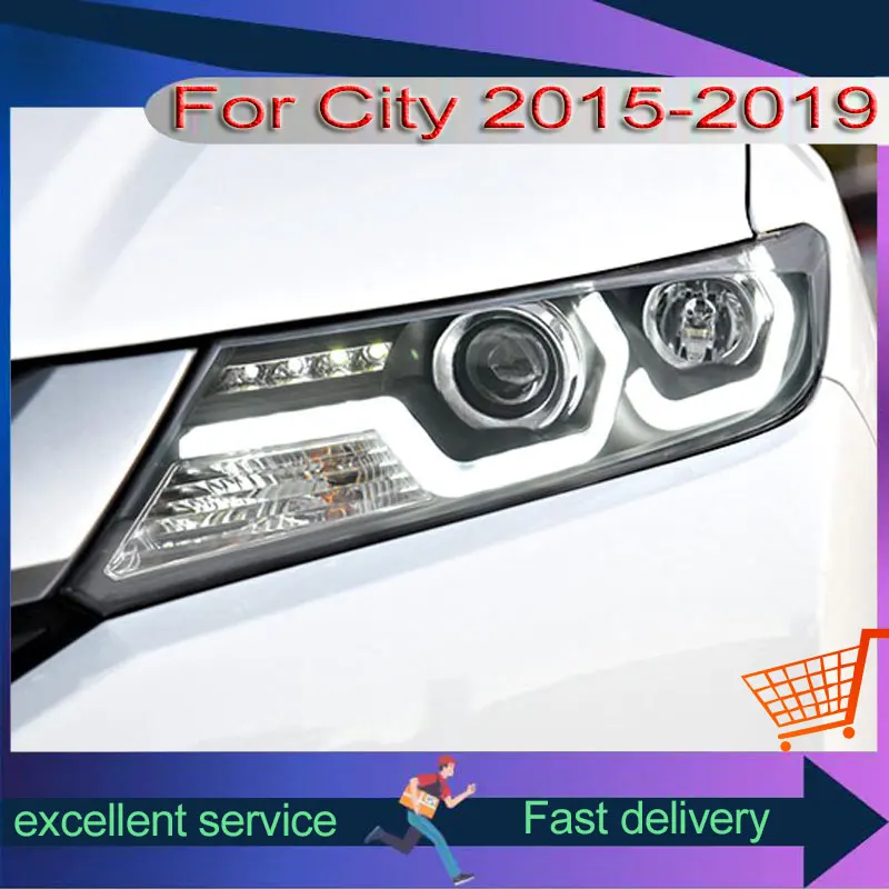 

Фары для Honda City 2015-2019, модификация, автомобильные аксессуары, передние светодиодные лампы DRL, двойная проекционная линза, ксеноновые лампы