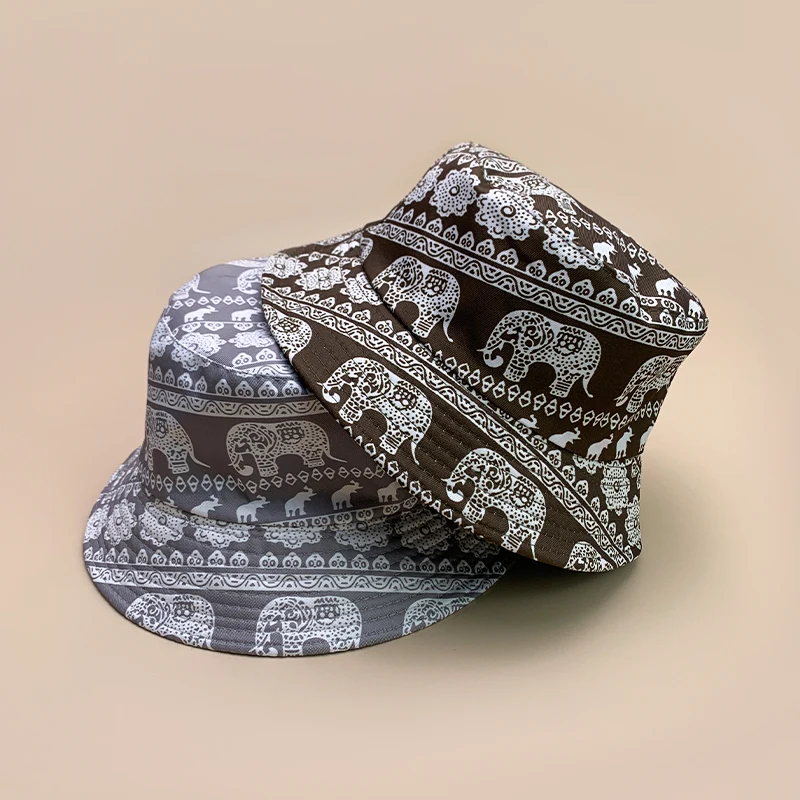 Ethnic Style Print Elephant Flower Bucket Hats New Unisex Casual Sunshade Versatile Double Sided Wearable Retro Fisherman Caps