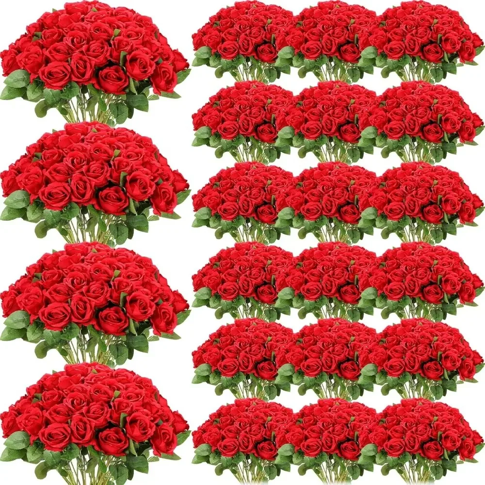 500 Pcs Artificial Silk Roses Flowers with Long Stem Bridal Wedding Valentine's Day Bouquet Realistic Floral Bulks