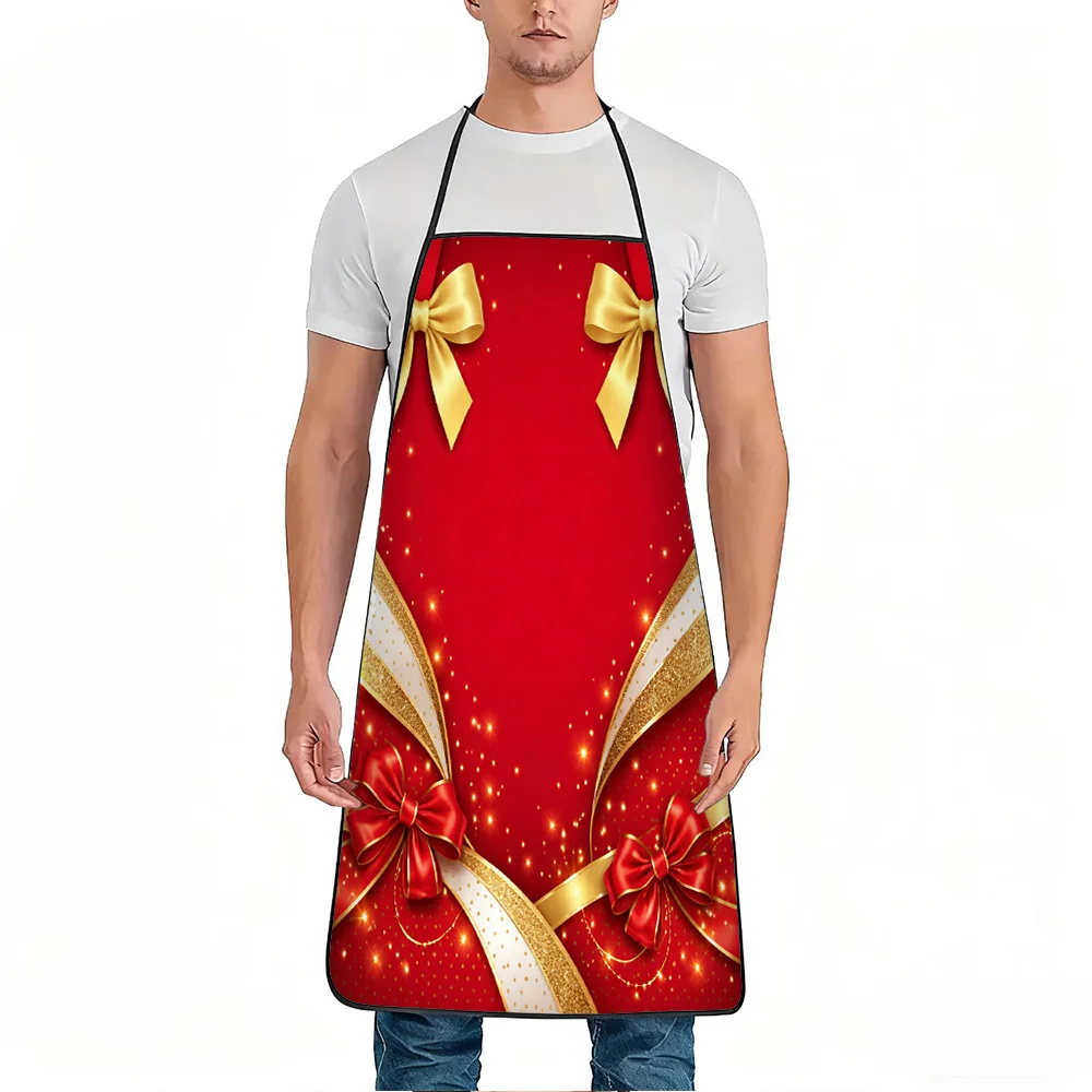 1pc Red Golden Ribbon Sparkle Print Apron, Durable and Easy to Clean, Adjustable Waistband, Polyester Material, for Kitchen Cook