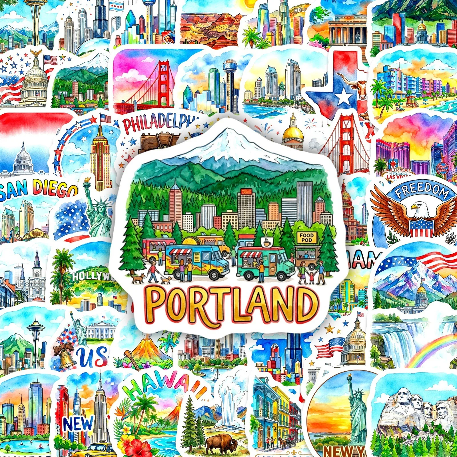 50-Piece Famous USA City Landmarks Building Stickers Waterproof Graffiti Sticker Notebook Guitar Notebook Stationery