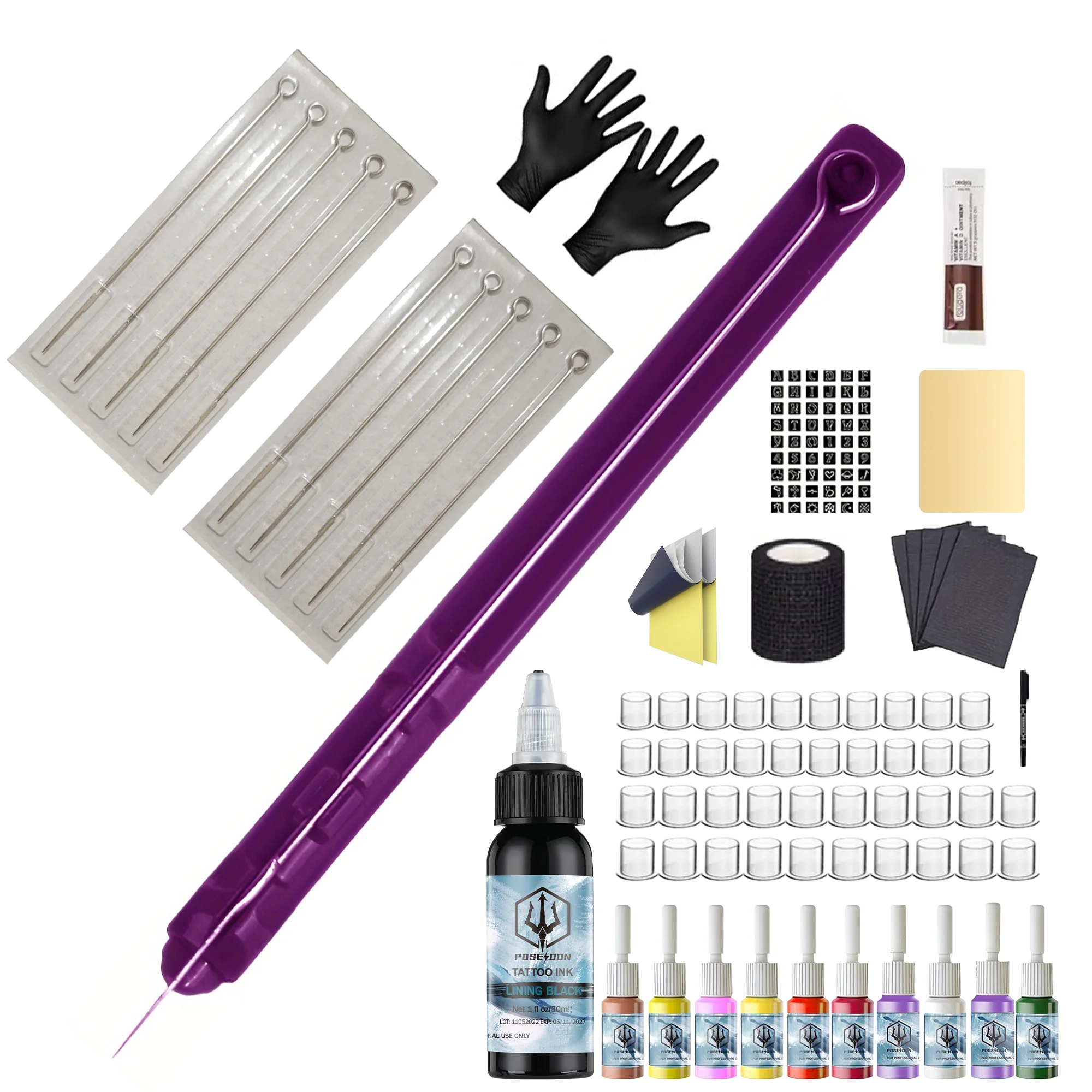 Hand Poke Tattoo Kit POSEIDON High Quality 10 Tattoo Needle Hand Poke Pen And Stick Tool Tattoo Kit Tattoo Ink Cup Pigment Kit