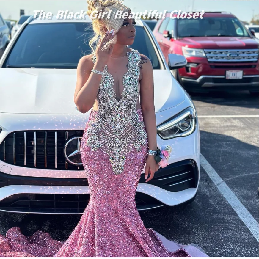 Luxury Barbie Pink Prom Dresses Diamonds Beaded Sequins Decoration Party Dresses Black Girls Beaded Fishtail Evening Gowns