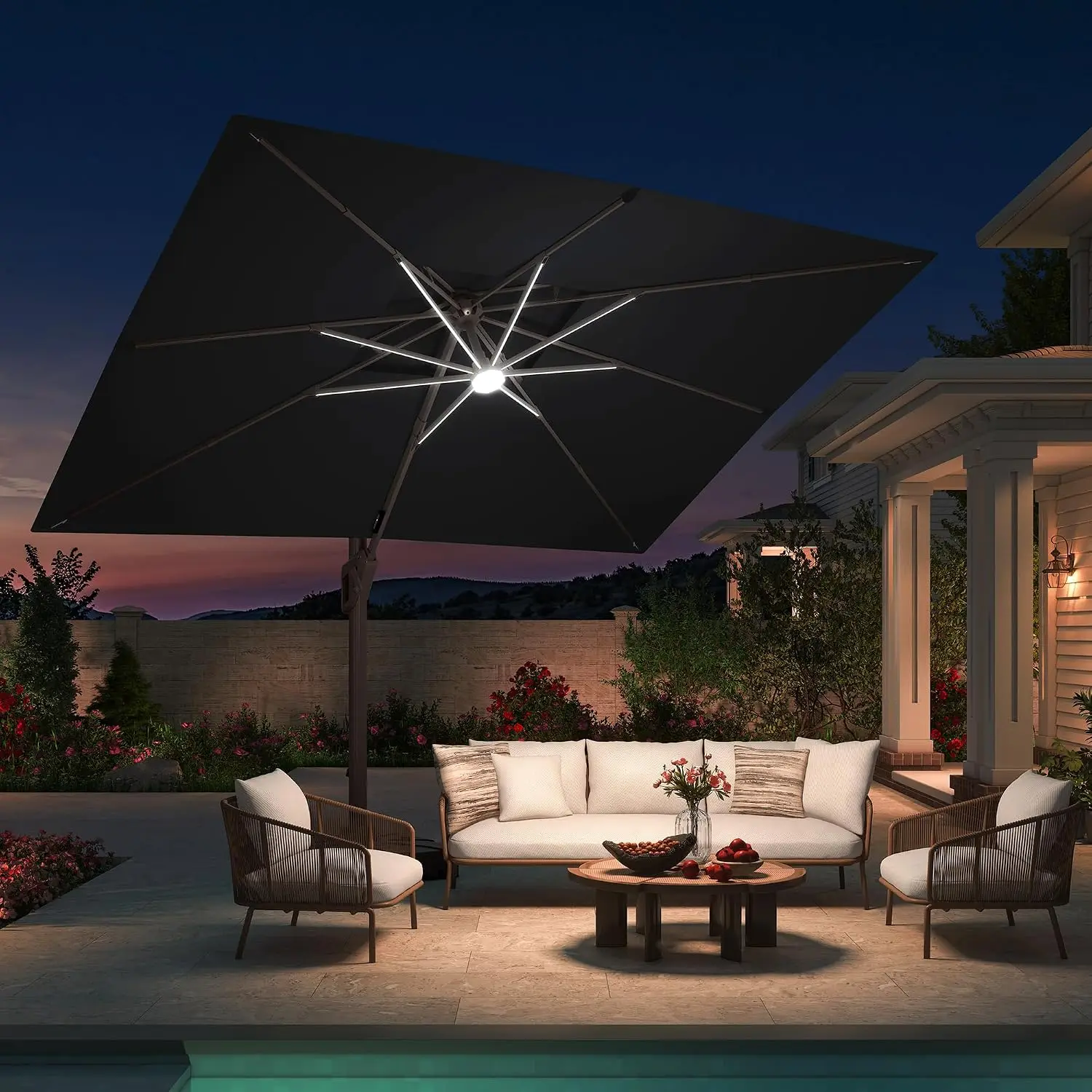 10x13FT Cantilever Patio Umbrella LED Light Aluminum Frame Waterproof UV Fabric 360°Rotation 7-Tilt Pool Deck Black, Customized