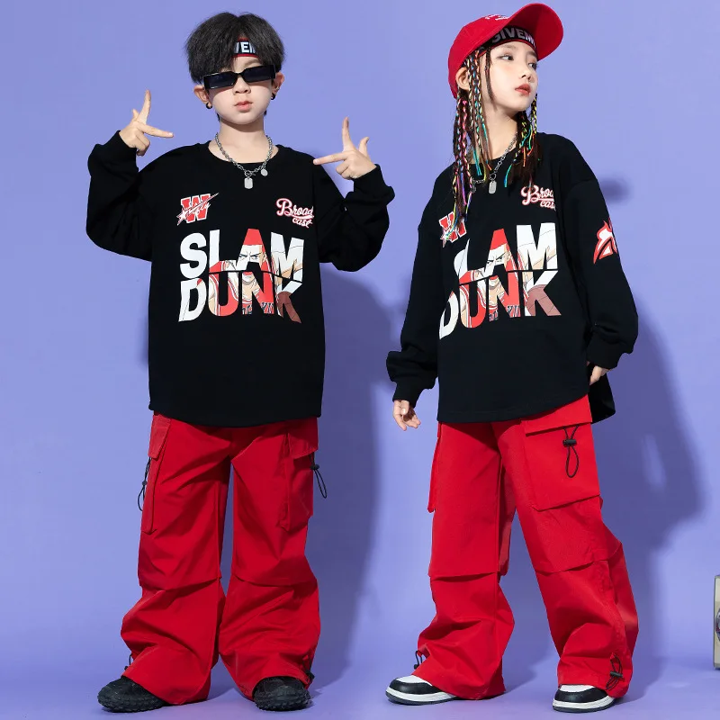 Kid Hip Hop Clothing Black Letters Sweatshirt Top Red Casual Wide Pockets Cargo Pants for Girl Boy Jazz Dance Costumes Clothes