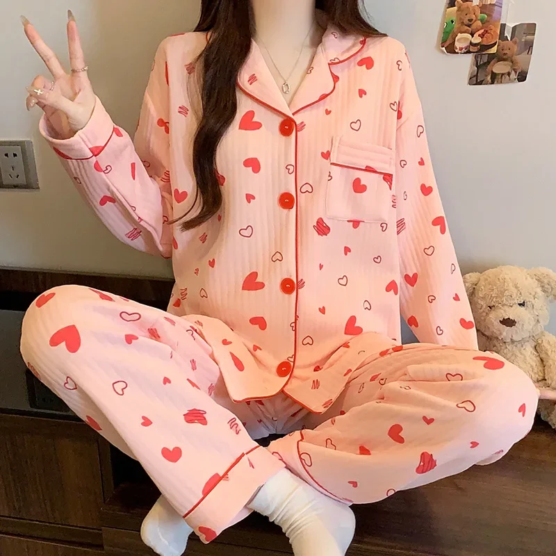 2-teiliges Set Herbst Winter Damen Pyjama Mädchen Lässige Mode Süße Herz-Pyjamas Damen Warme Langarm-Hosen Loungewear Schlafanzug
