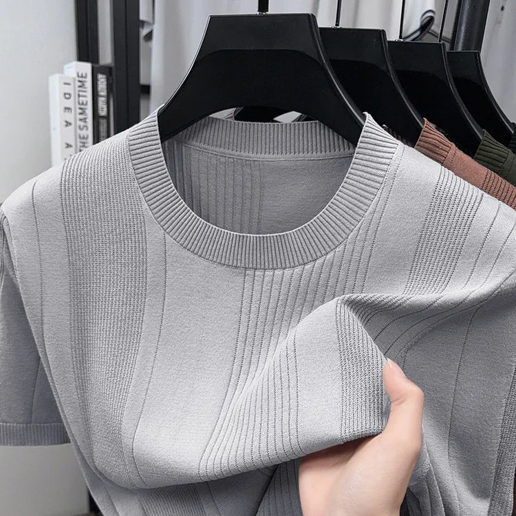 

linen mulberry silk round neck solid color jacquard short-sleeved T-shirt summer new casual breathable thin knitted half-sleeved