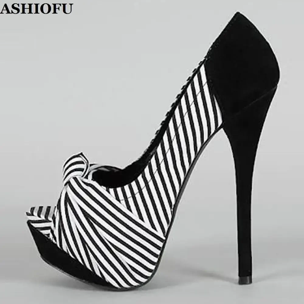 ASHIOFU Handmade Ladies High Heel Pumps Butter-knot Peep-toe Striped Party Dress Shoes Evening Slip-on Fashion Prom Court Shoes