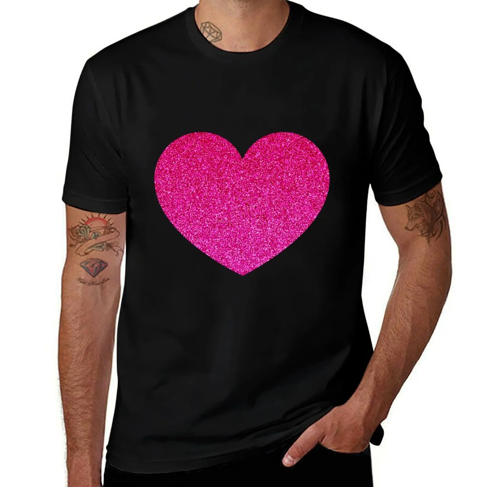 Big hot pink heart, glitter T-Shirt Summer Holiday Casual Tee