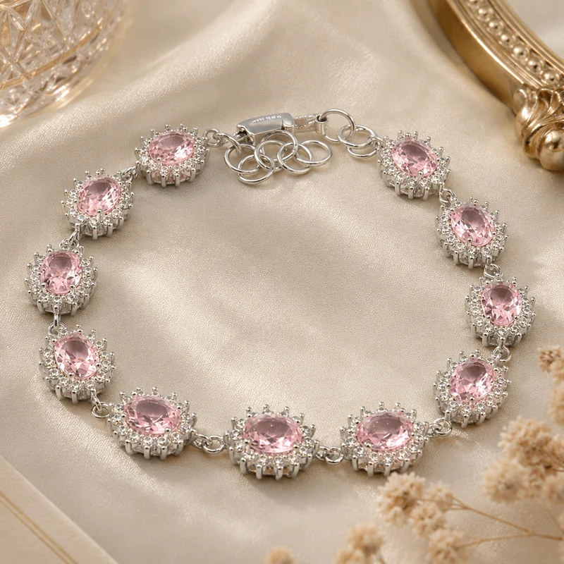 13x11mm Jzaza Created 15g Golden Citrine Pink Kunzite London Blue Topaz CZ Ladies Wedding Silver plated Bracelet Length 8-9inch