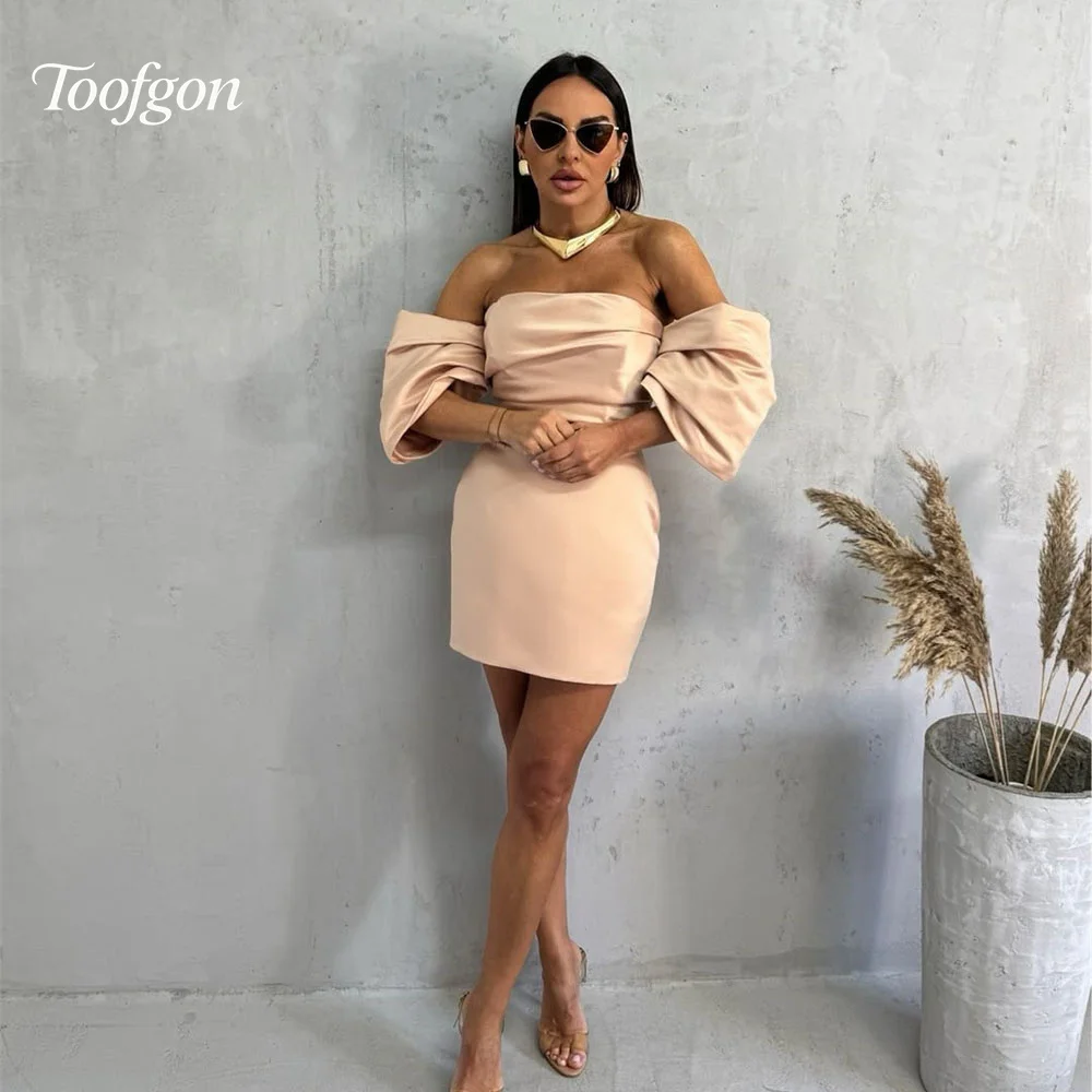 

Toofgon Strapless Short Mini Prom Dresses Off Shoulder Champagne Homecoming Gown Customized Satin Formal Party Girl Dance Dress