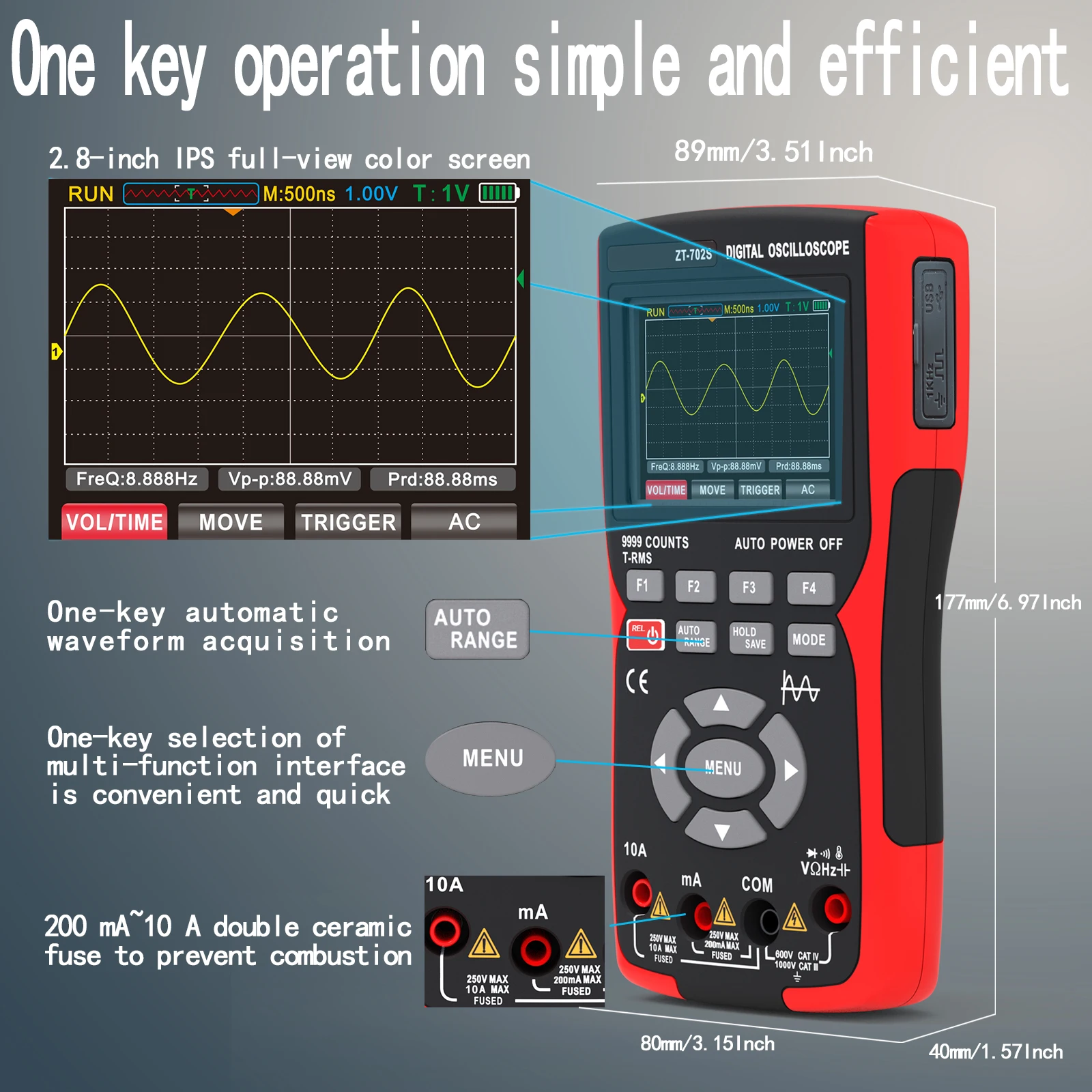 ZOYI ZT-702S Multímetro de osciloscopio automotriz digital portátil 2 en 1, ancho de banda de 10MHZ de un solo canal, longitud de registro de 64Kbyte, 48