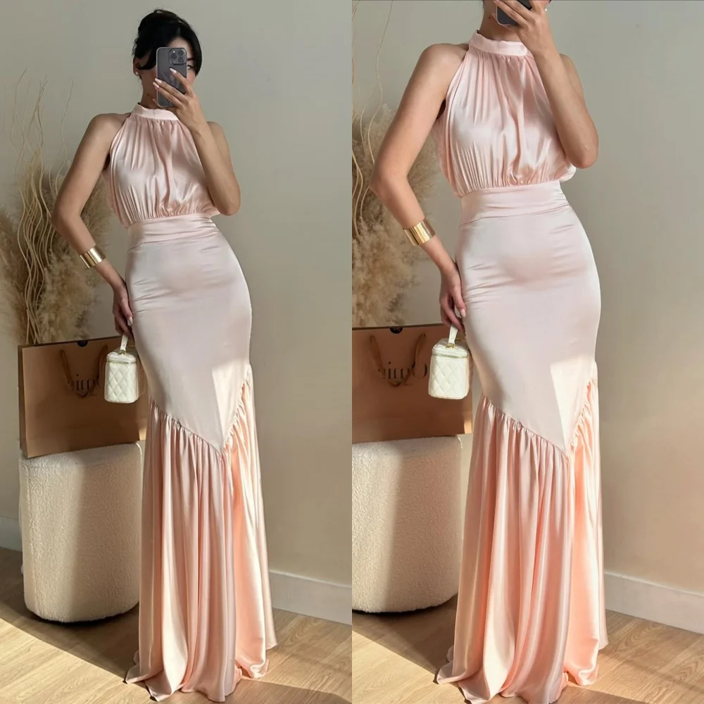 Robe De soirée sirène en Satin rose romantique, personnalisée, Sexy, col licou, sans manches, robes De soirée exquises