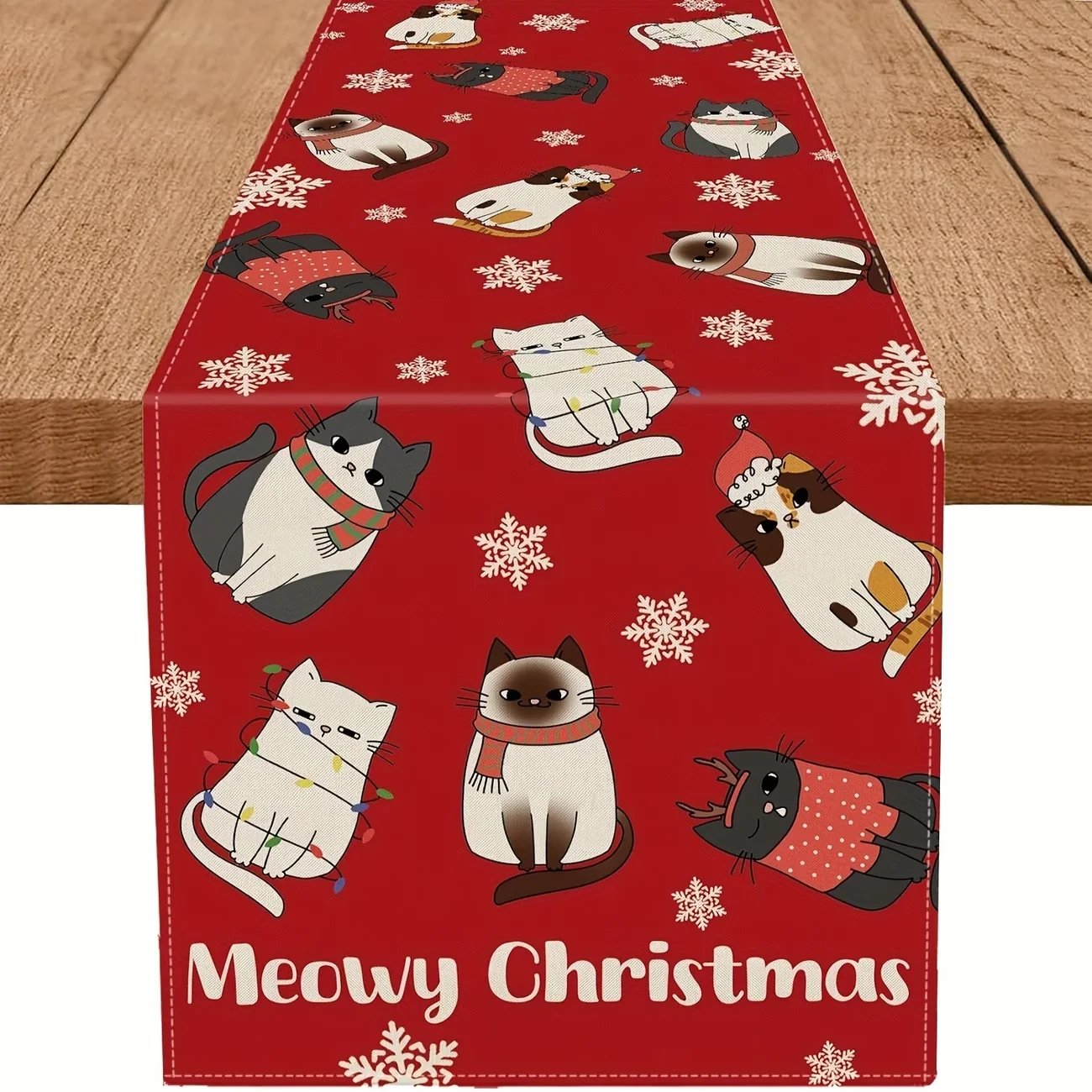 1PC Cat Christmas Table Runner Red Floral Design Perfect for Holiday Table Decoration Festive Home Decor Christmas Ornaments