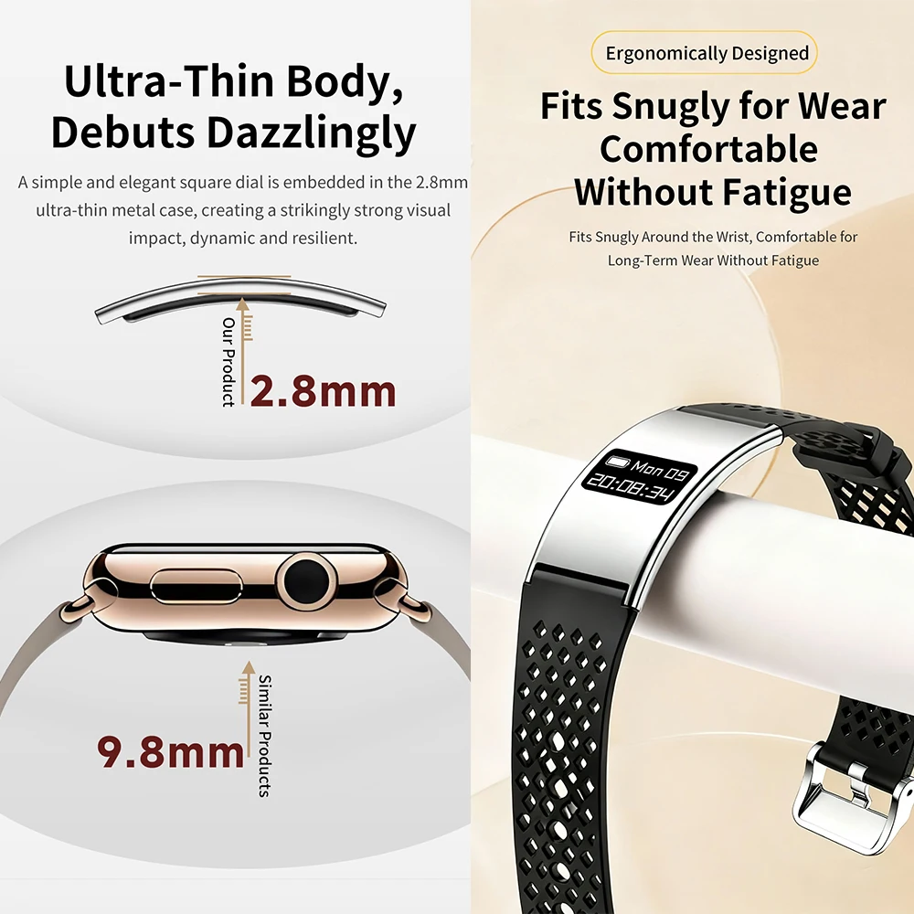 B8 Women Smart Bracelet IP68 Waterproof 2.88mm Ultra Thin Body Curved Design Call Reminder Female Lday Smart Band Health Monitor
