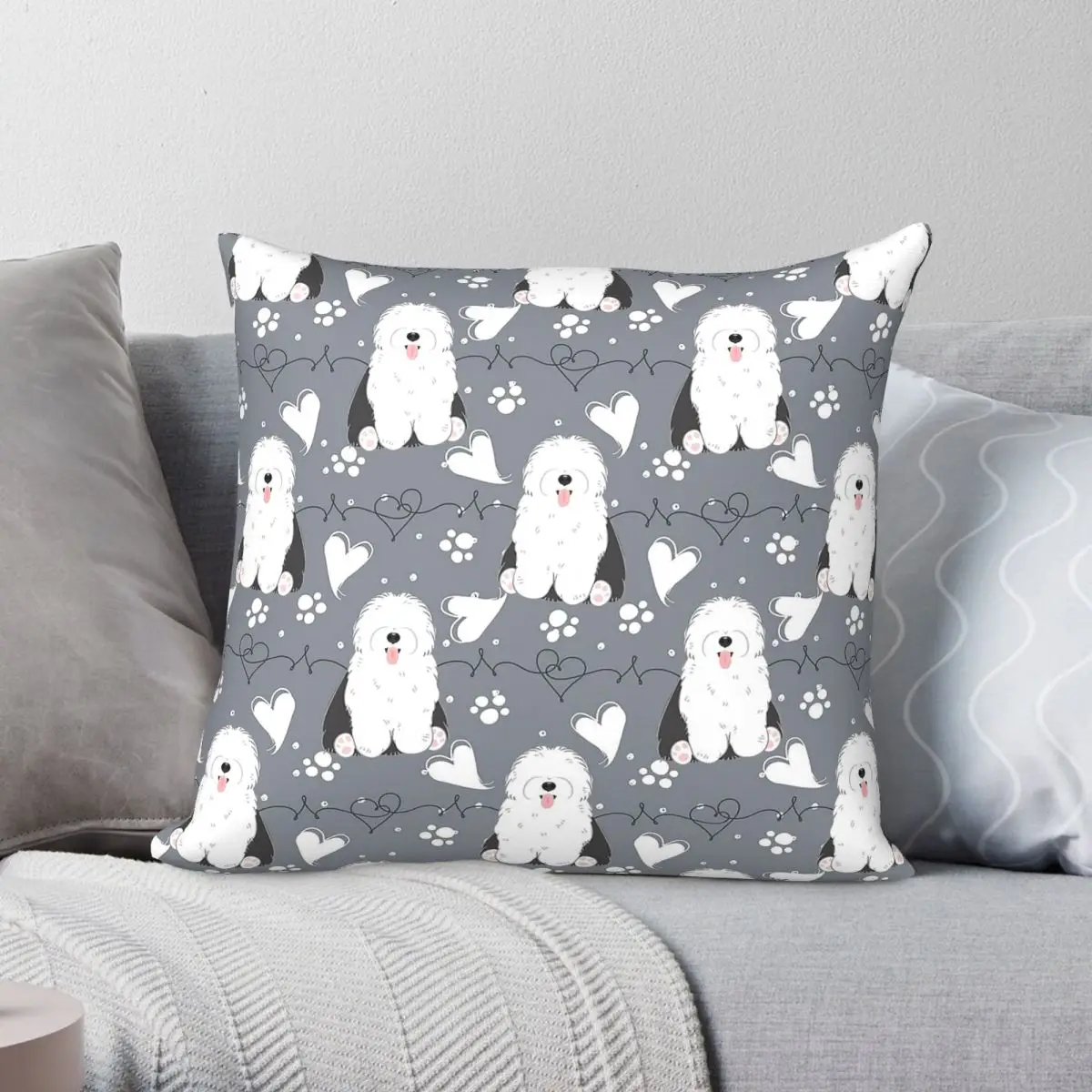 Old English Sheepdog Black White Pillowcase Polyester Linen Velvet Pattern Zip Decorative Room Cushion Cover